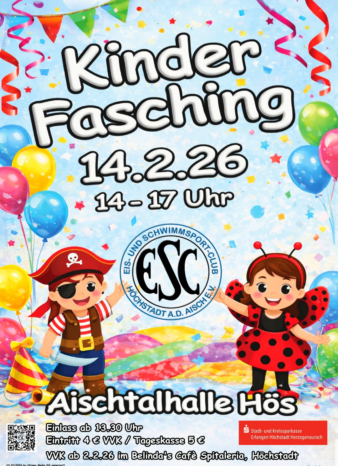 Flyer Einladung Kinderfasching, Lustige Männchen mit Luftballons, Luftschlangen und Konfetti